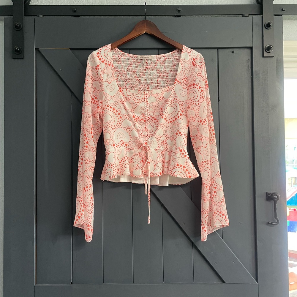 BCBGeneration Red Heart-Print Tie-Front Blouse
